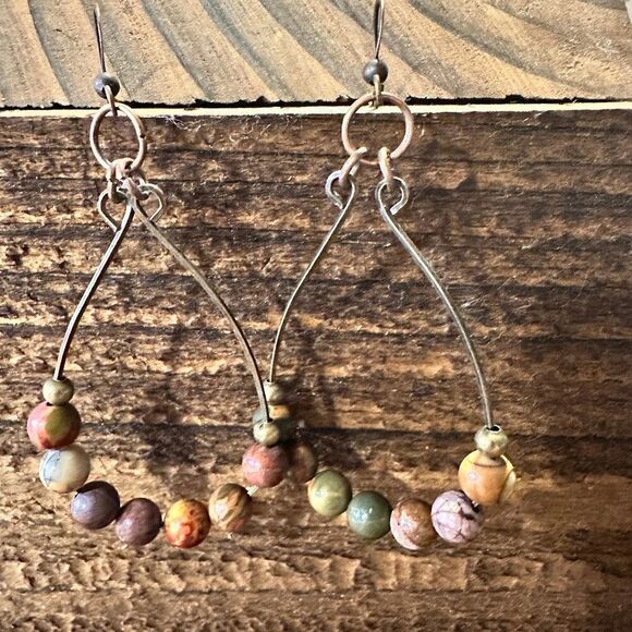 Handmade Western Hippie Copper Wire Colorful Wooden Beads Drop Wire Earrings, G - Picture 1 of 9